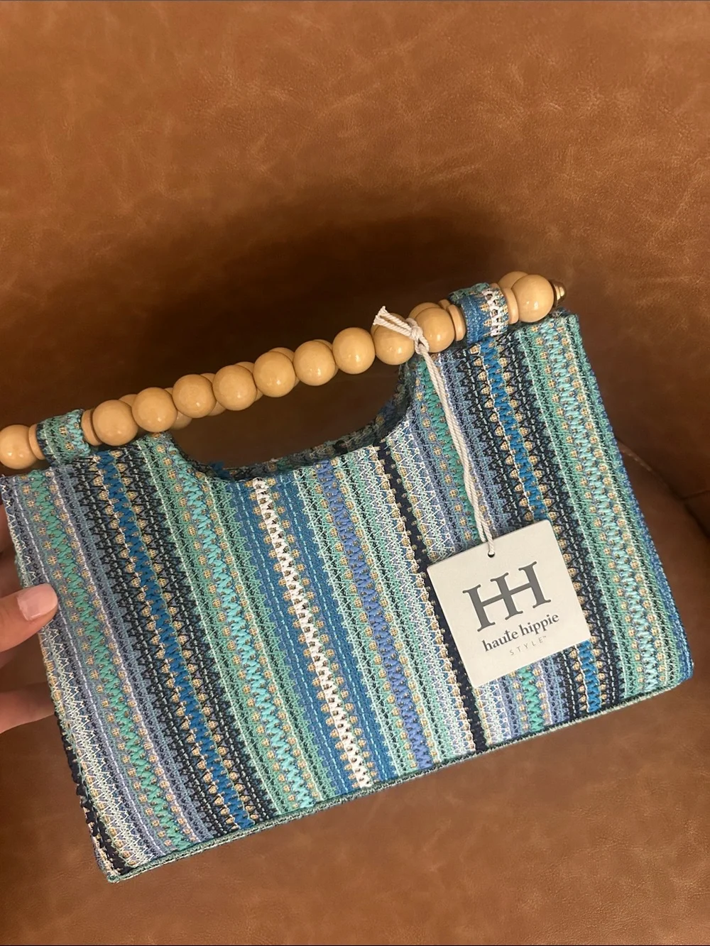Blue Multi-Stripe Bead Handle Tote
